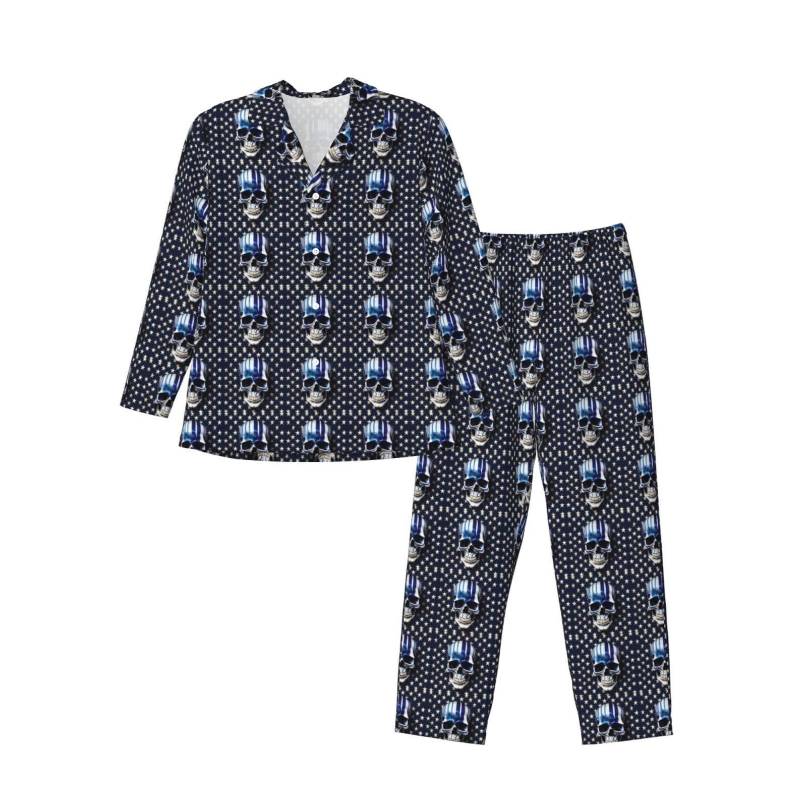 Herren-Pyjama-Set, langärmelig, gestreift, Sterne, Totenkopf, zweiteilig, bequem, Nachtwäsche