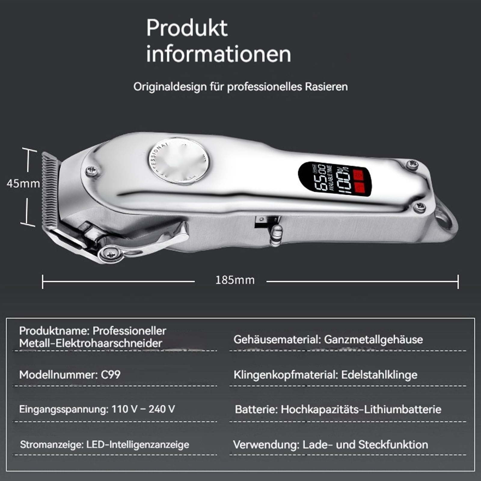 ProTrim 2.0 Haarschneidemaschine mit Präzisions-Edelstahlklingen – LED-Display, Abwaschbare Klingen & Kraftvoller Motor für Gleichmäßige Schnitte bei Haar und Bart