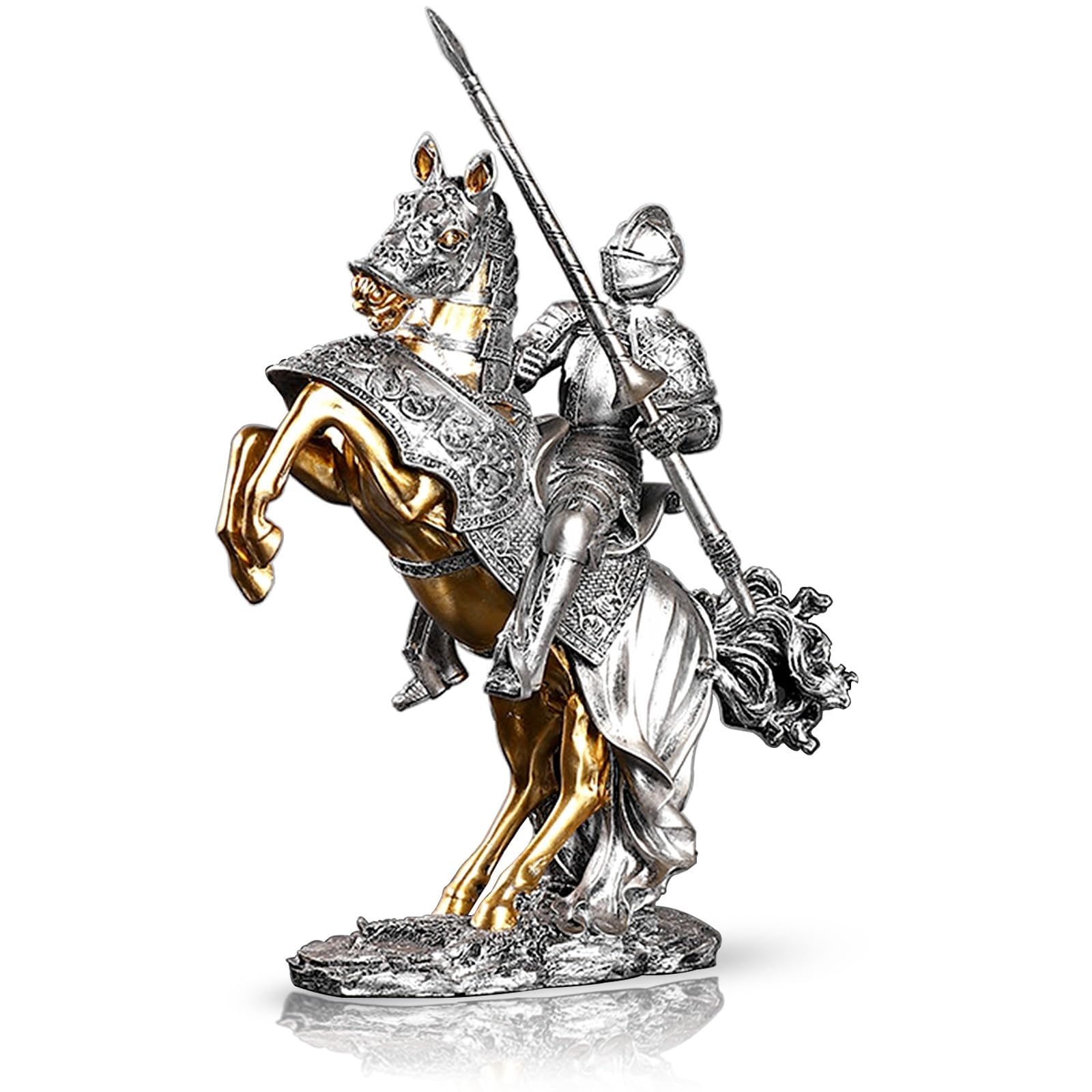 dekoracja biurka artystyczna statuetka rzeźba - rycerz brązowy posąg konia bojowego, 42 cm kolekcja legendarna średniowieczna rzeźba rycerza, szermierz strażnik wojownik wojownik F