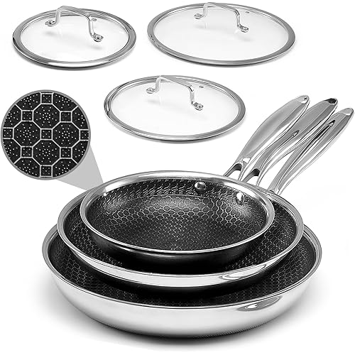 Nonstick Frying Pans with Lid,8/10/12 inch Stainless Steel Skillet Set with Honeycomb Surface, Induction Compatible, Oven & Dishwasher Safe, PFAS-Free Cookware Sets (Stainless Steel, Frying Pan 6PCS)