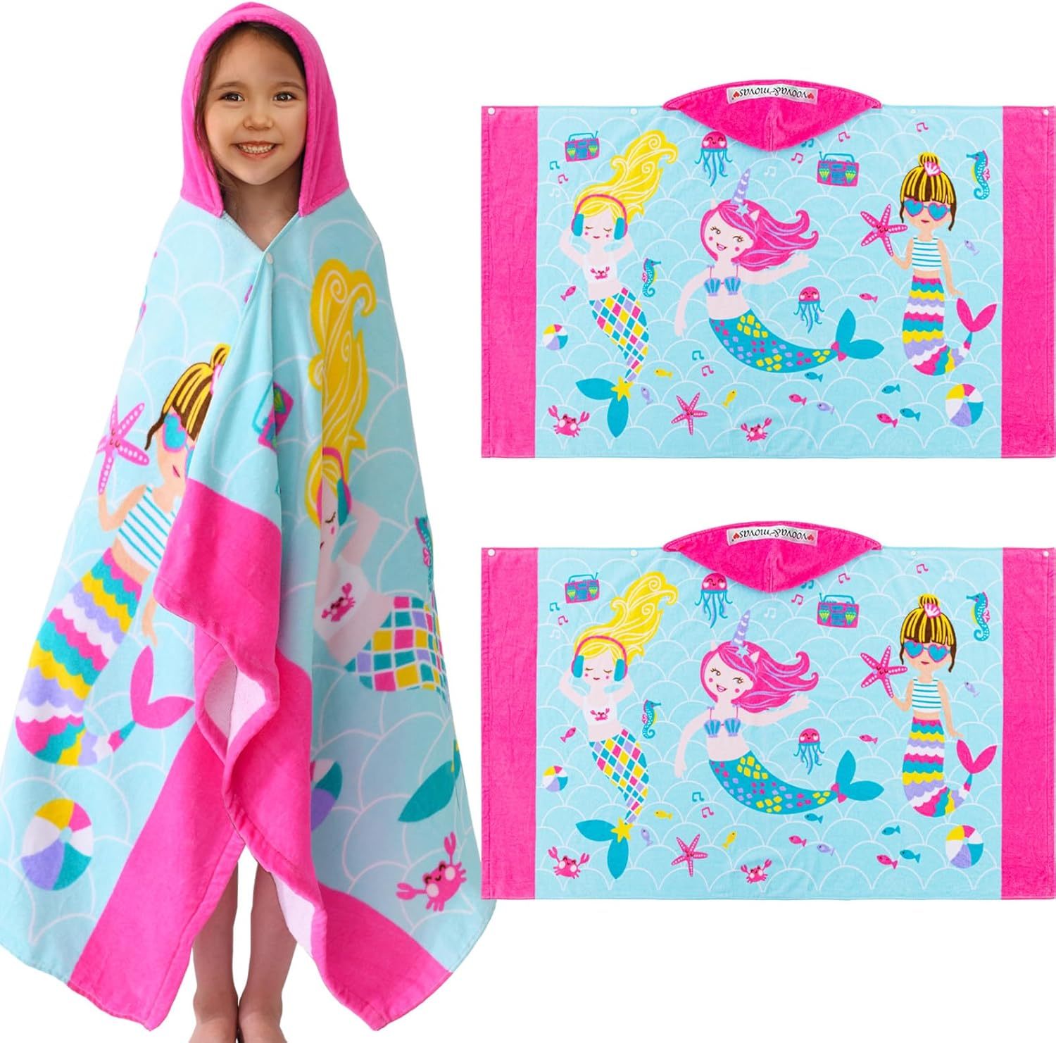 VOOVA & MOVAS Hooded Towels for Kids 2PC Set | 30''X50'' Oversized Bath Towels with Hood & Cotton Bathrobe for Toddlers 3T-10 Years, Perfect for | Pool | Birthday, Mermaid Theme