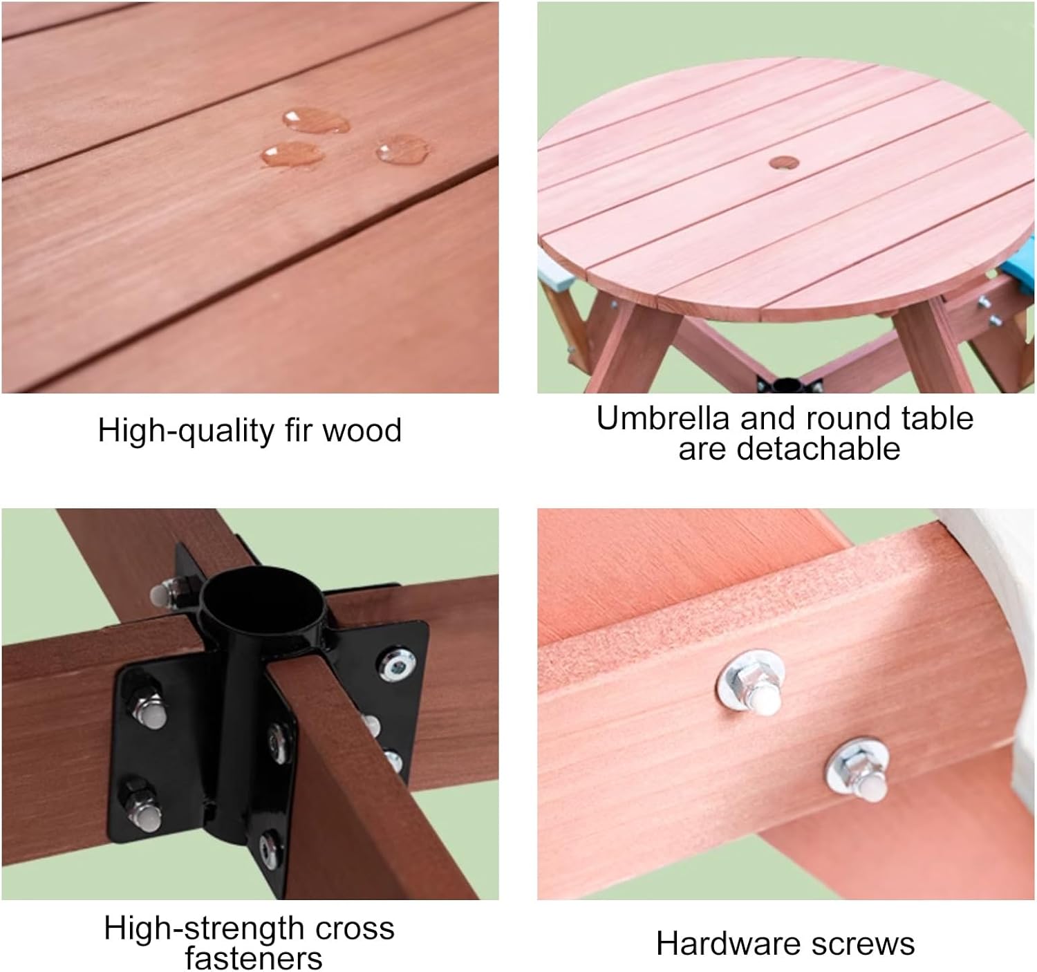 Kids Picnic Tables for Outdoors, Toddler Picnic Table w/Height Adjustable Umbrella, Outdoor Wood Round Table & 4 Bench, for Patio, Garden, Backyard