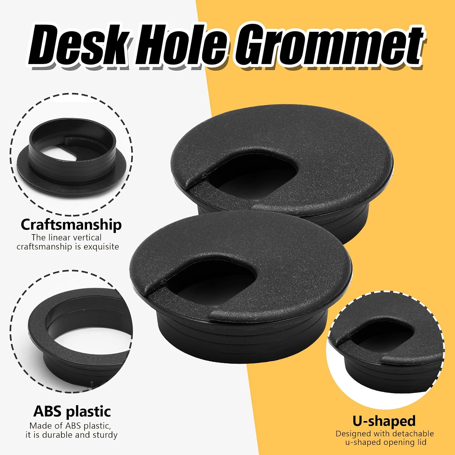 2 Pcs 2 Inch/50mm Black Desk Grommet U-Shape