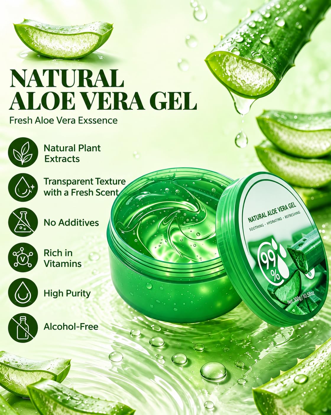 Aloe Vera Gel 2x300g + Face Mask 10pcs,Pure Aloe Vera Gel for Face, Body, Hair, Aftersun, Sunburn, Soothing & Hydrating Gel Traval Size,Summer Relief Skincare Gift Set for Woman Man image 2