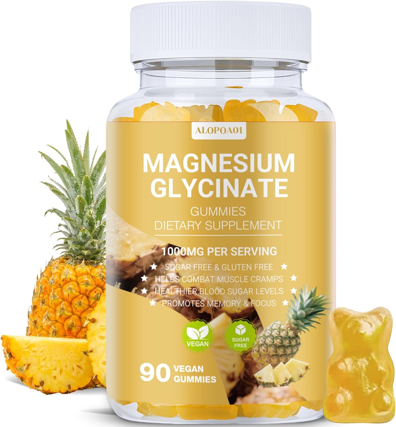 Magnesium Glycinate Gummies 1000mg, Non-GMO, Gluten-Free, Magnesium Supplement Gummies for Adults & Kids, Sleep, Relaxation & Focus, Pineapple Flavor, 90 Count