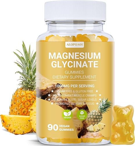 Magnesium Glycinate Gummies 1000mg, Non-GMO, Gluten-Free, Magnesium Supplement Gummies for Adults & Kids, Sleep, Relaxation & Focus, Pineapple Flavor, 90 Count