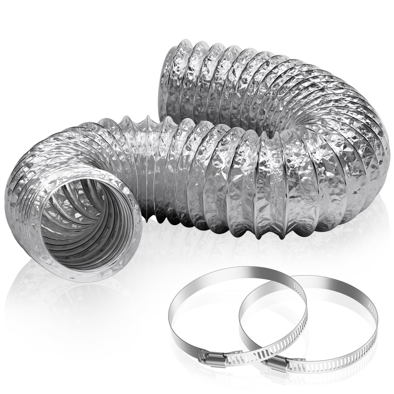 HG Power 150mm Flexible Air Duct 5m, 6 Inch Insulated Aluminium Foil Ducting Hose with 2 Clamps, Heat Resistant Ventilation Pipe for Cooker Hood, Extractor Fan, Tumble Dryer, Air Conditioner, Silver