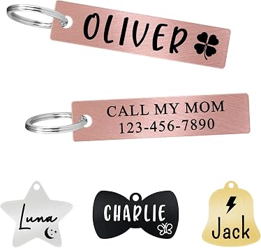 Ultra Joys Personalized Cat Collar Name Tag Small Pet ID Tags for Cats - Customized Mini Cute Dog Cat ID Tag - Bothside Engravable Lightweight Durable Stainless Steel - Retangle Bar in Rose Gold