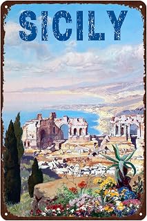 GYMSLAVE Vintage Metal Tin Sign Sicily Travel Poster Retro Tin Plaque,Garage Signs For Men Home Cafe Bedroom Gym Wall Decor 12x8 Inch