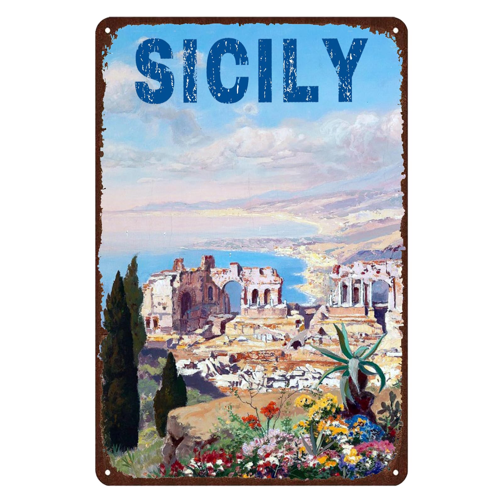 Scvgfdxzs Men's Tin-04 Vintage Metal Tin Sign Sicily Travel Poster Retro Tin Plaque,Garage Signs For Home Cafe Bedroom Gym Wall Decor 12X16 Inch