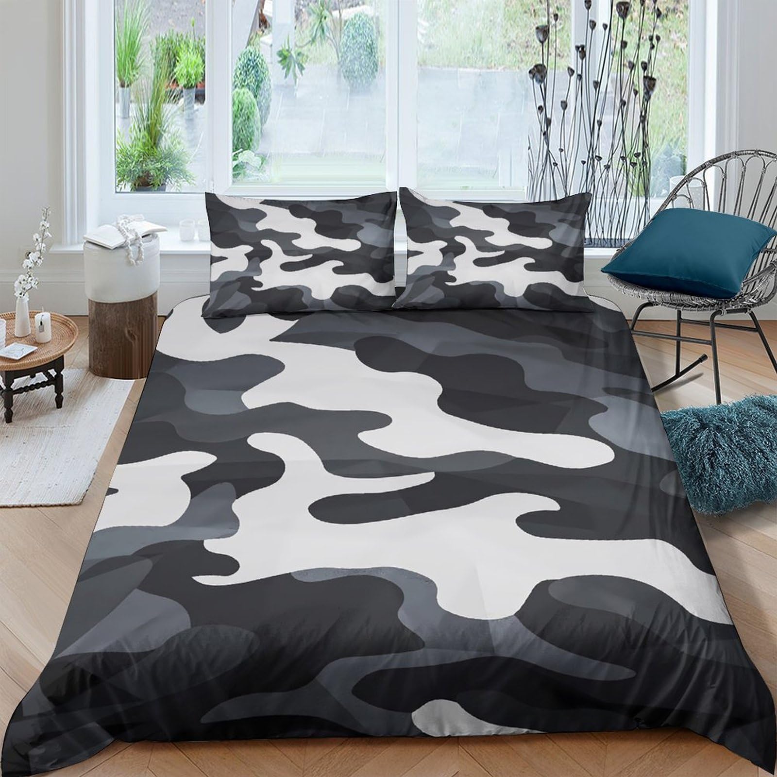 GPLZQXKJNH 3D Printed Black White Camo Duvet Cover Set Microfiber Breathable Camouflage Quilt Cover with 2 Pillowcases for Bedroom Decor Single（135x200cm）