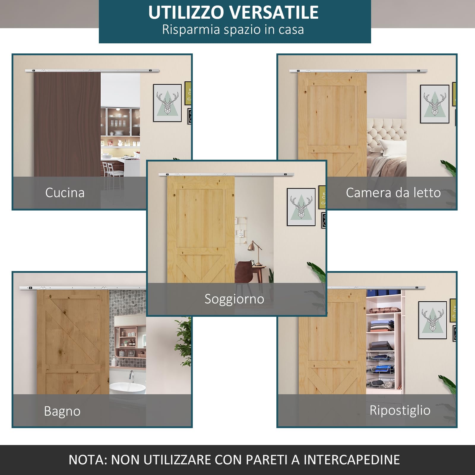 HOMCOM 186CM/6FT Kit Porta Scorrevole in Metallo con Utensili, Rulli, Guida a Pavimento, Blocchi e Chiave Esagonale, Argento