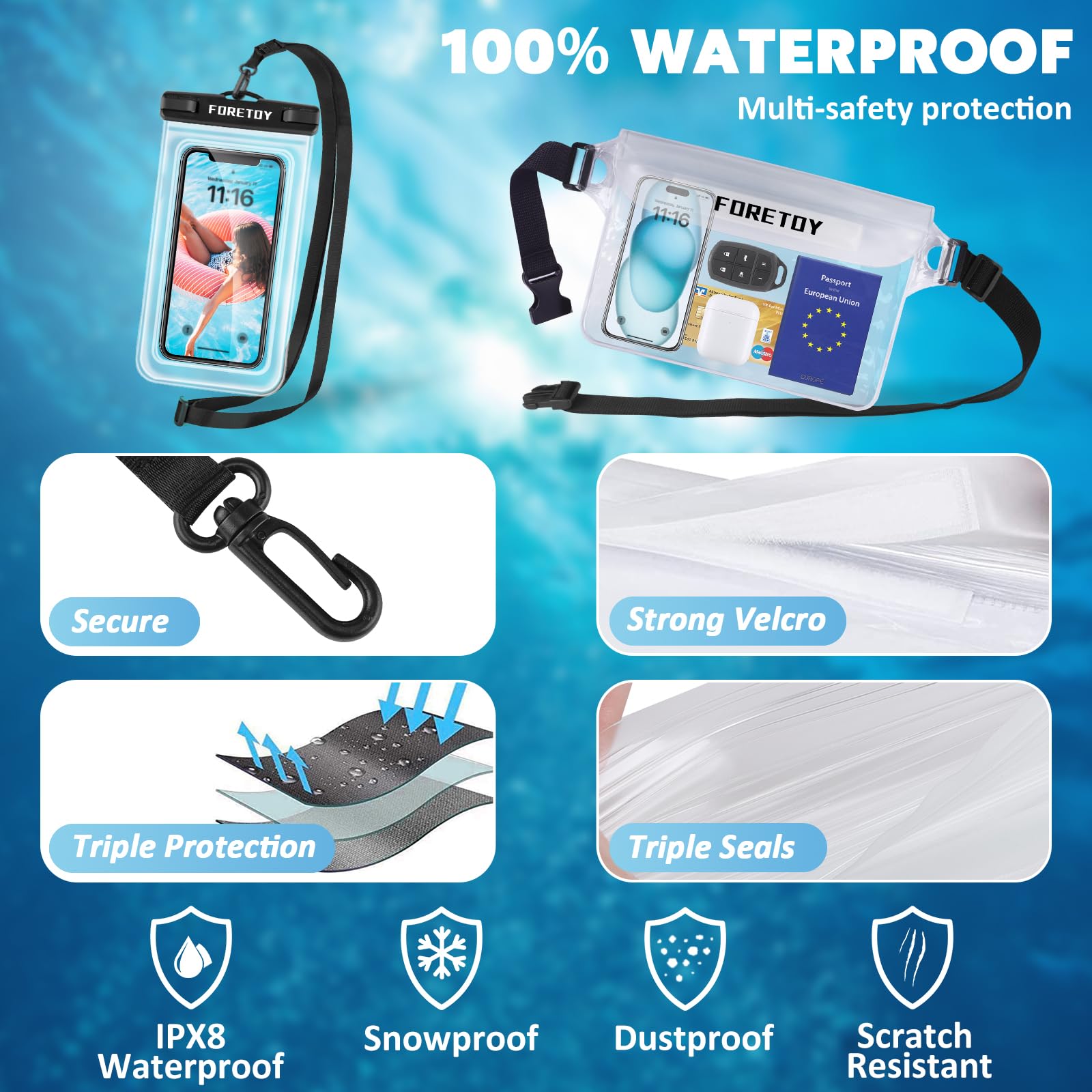 Borsa Impermeabile Mare, Custodia Impermeabile Smartphone, Sacca Stagna, Dry Bag, IP68 Marsupio Subacquea Impermeabile con Cintura Regolabile per Spiaggia Nuoto, Canottaggio, Pesca, Escursioni