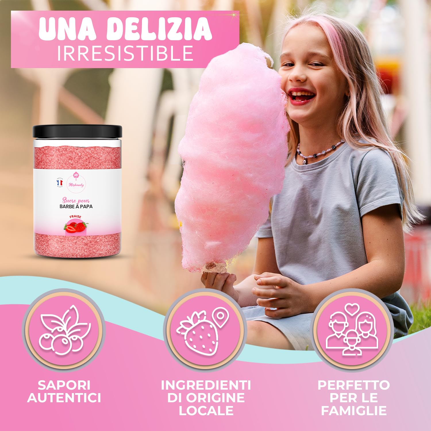 Misskandy, zucchero filato per macchina/lotto da 1,8 kg (6 * 300g) / aromi: fragola, pina colada, marshmallow, mela, cola, lampone + 50 bastoncini di (30 cm)