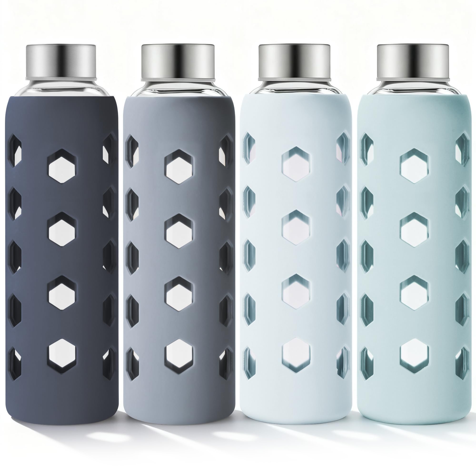 Mrsdry Glass Water Bottles with Lids and Silicone Sleeves 550ml, 4-Pack Reusable Clear Glass Juice Bottles with Stainless Steel Airtight Cap, BPA Free Leak-Proof Drinking Bottles for Hot Cold Drinks