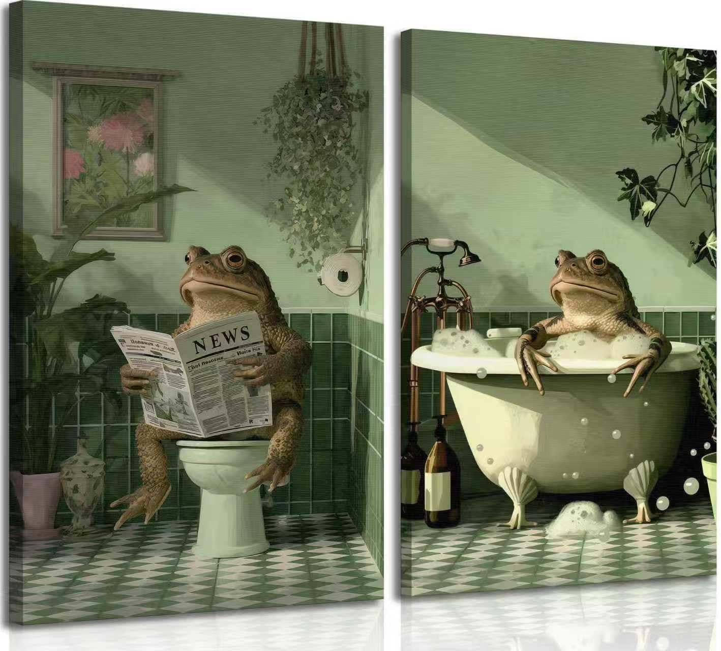 2Pcs Frog Bathroom Canvas Wall Art Green Retro Animal Style Poster Print Home Wall Decor Suitable for Living Room Bedroom Bathroom 12x16 inches Can be hung directly