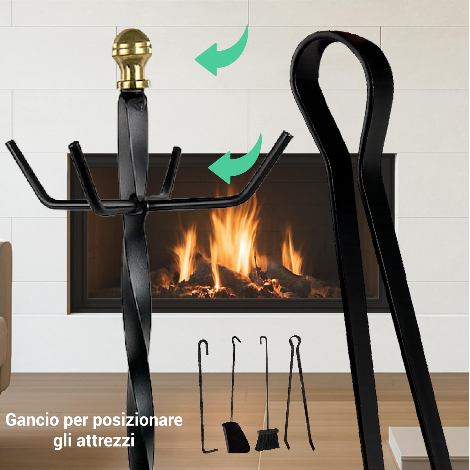 Crisalide® – Set Attrezzi per Camino in Ferro Battuto | 4 Accessori (Scopa, Paletta, Pinza, Attizzatoio) con Supporto da Pavimento | Design Classico Nero Opaco | Altezza 58 cm