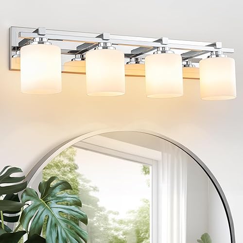 Miniatura 33 de 1 Lámpara Moderna para Baño sobre Espejo, Luces de Tocador Cromadas para Apliques de Pared de Baño con Pantallas de Vidrio Blanco Lechoso, Casquillo