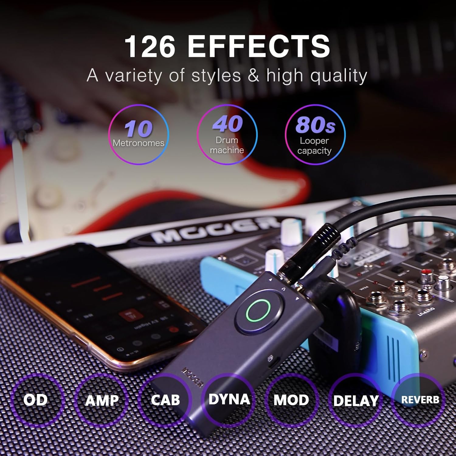MOOER Prime P1 connected to a smartphone running the control app, showing the device's compact size.