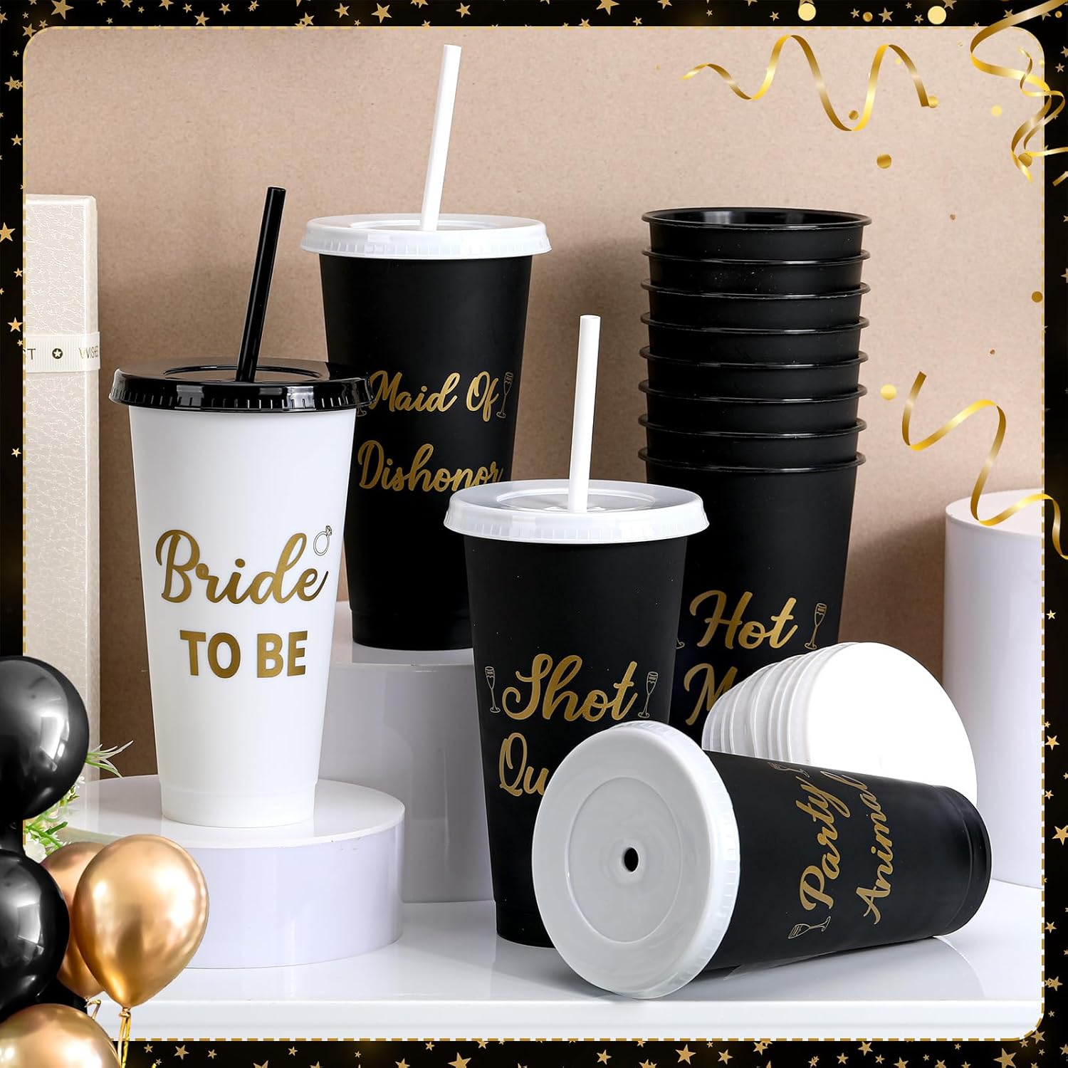 Yungyan 12 Pcs Bachelorette Cups for Party 24 oz Bridesmaid Cups with Lids and Straws Funny Bachelorette Party Supplies Bride to Be Tumbler Wedding Bachelorette Bag Fillers (Black)