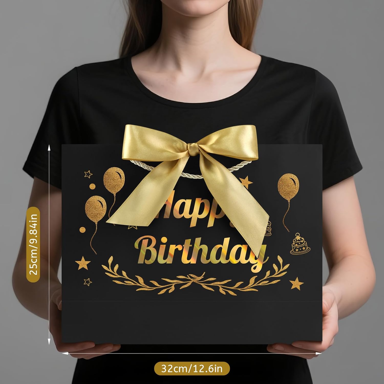 JMANNI Black Gold Happy Birthday Gift Bag with Card and Tissue Paper, 12.6"×9.84"×3.9" Elegant Present Bag for Men Women, Year Old Birthday Keepsake Party Supplies - Image 7