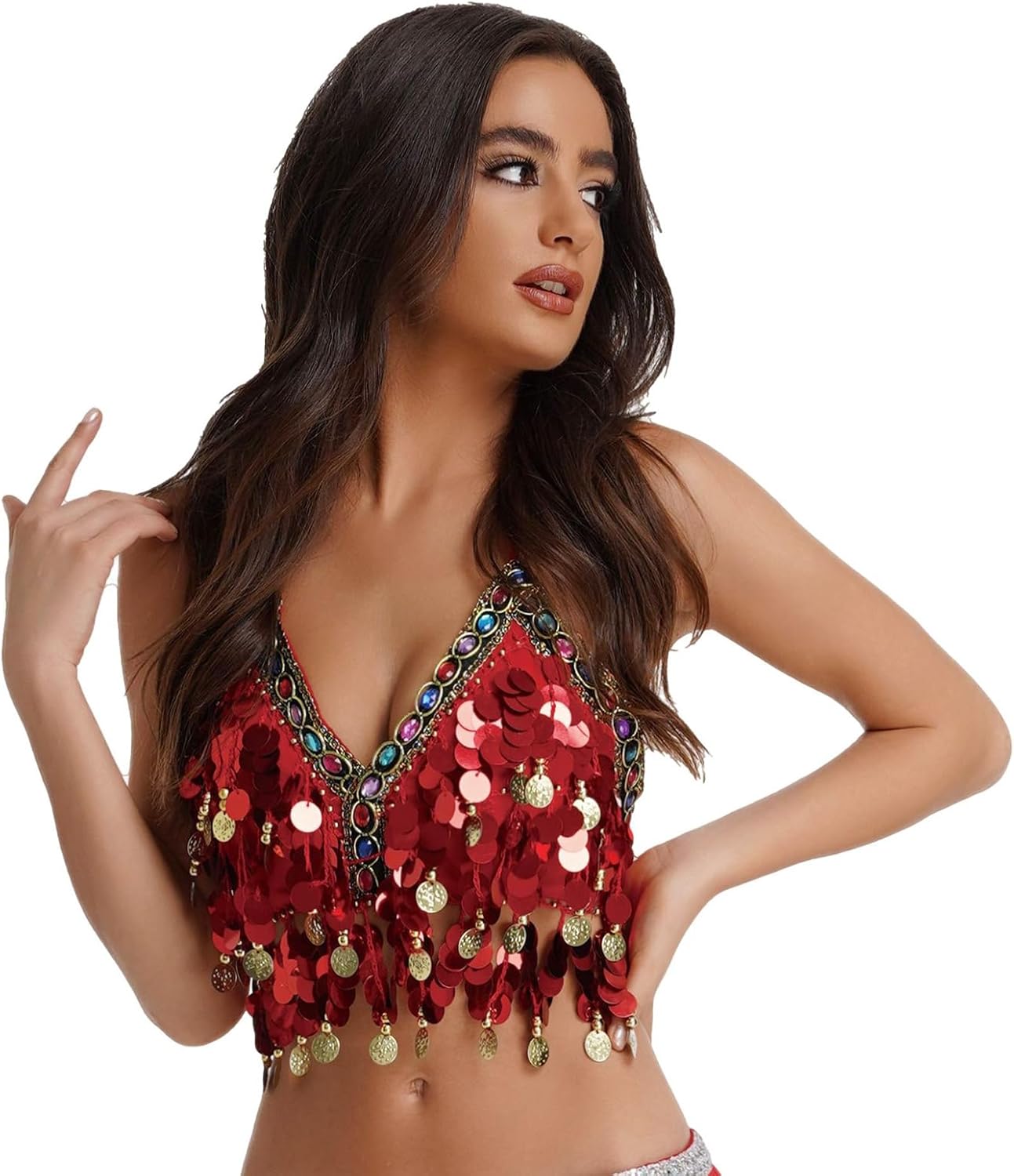 Sparkle Belly Dance Top with Sequined Fringe - Breathable Halter Bra Crop Tops for Dance Performances, Parties, and Festivals