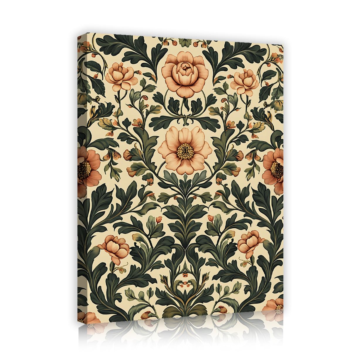 TOANGWALL Victorian Arts and Crafts Framed Wall Art Guest Room Beige Peony Greenery Leaf Ornate Damask Pattern Canvas Prints for Hotel Office Decor 50x60cm