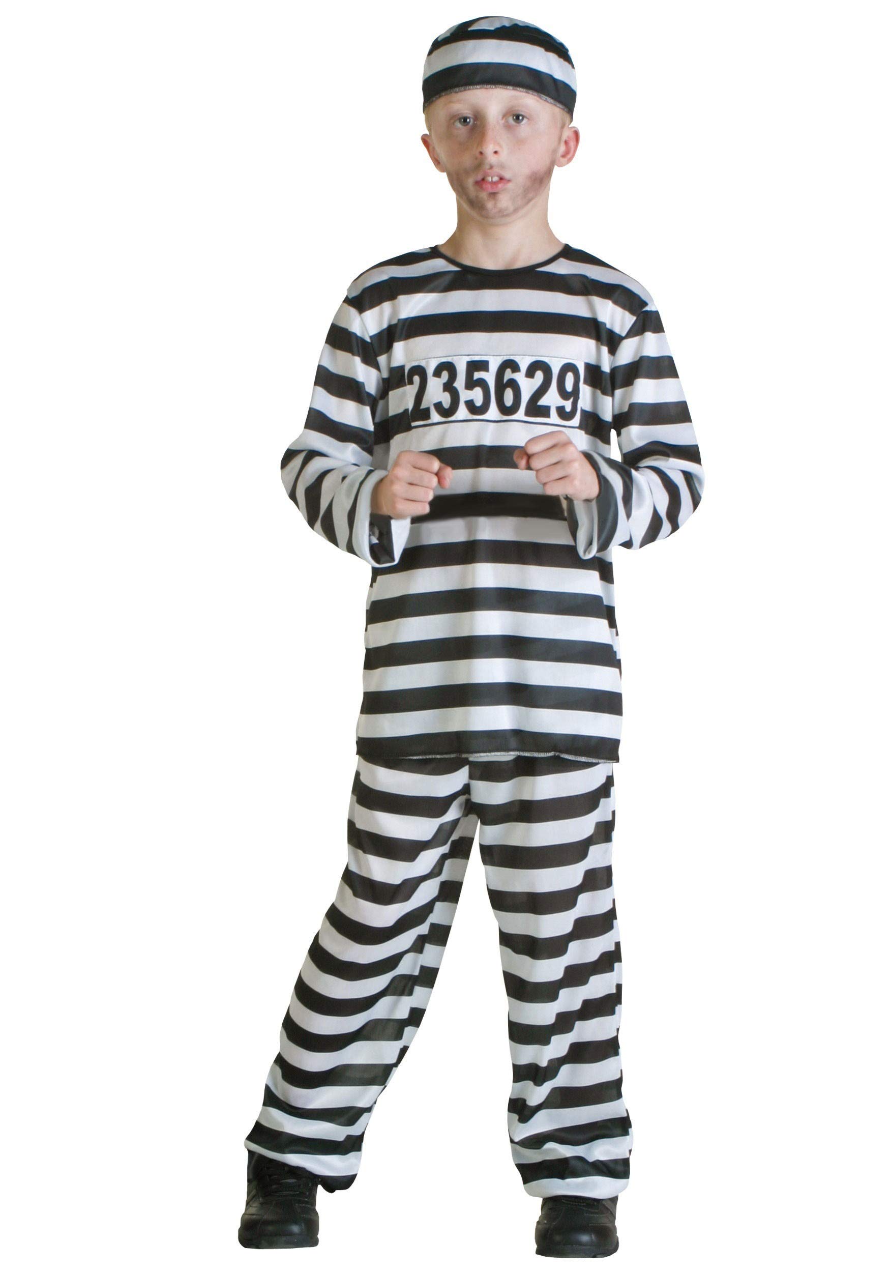 Boys Prisoner Costume - Striped Shirt, Pants, and Hat with Prison Number