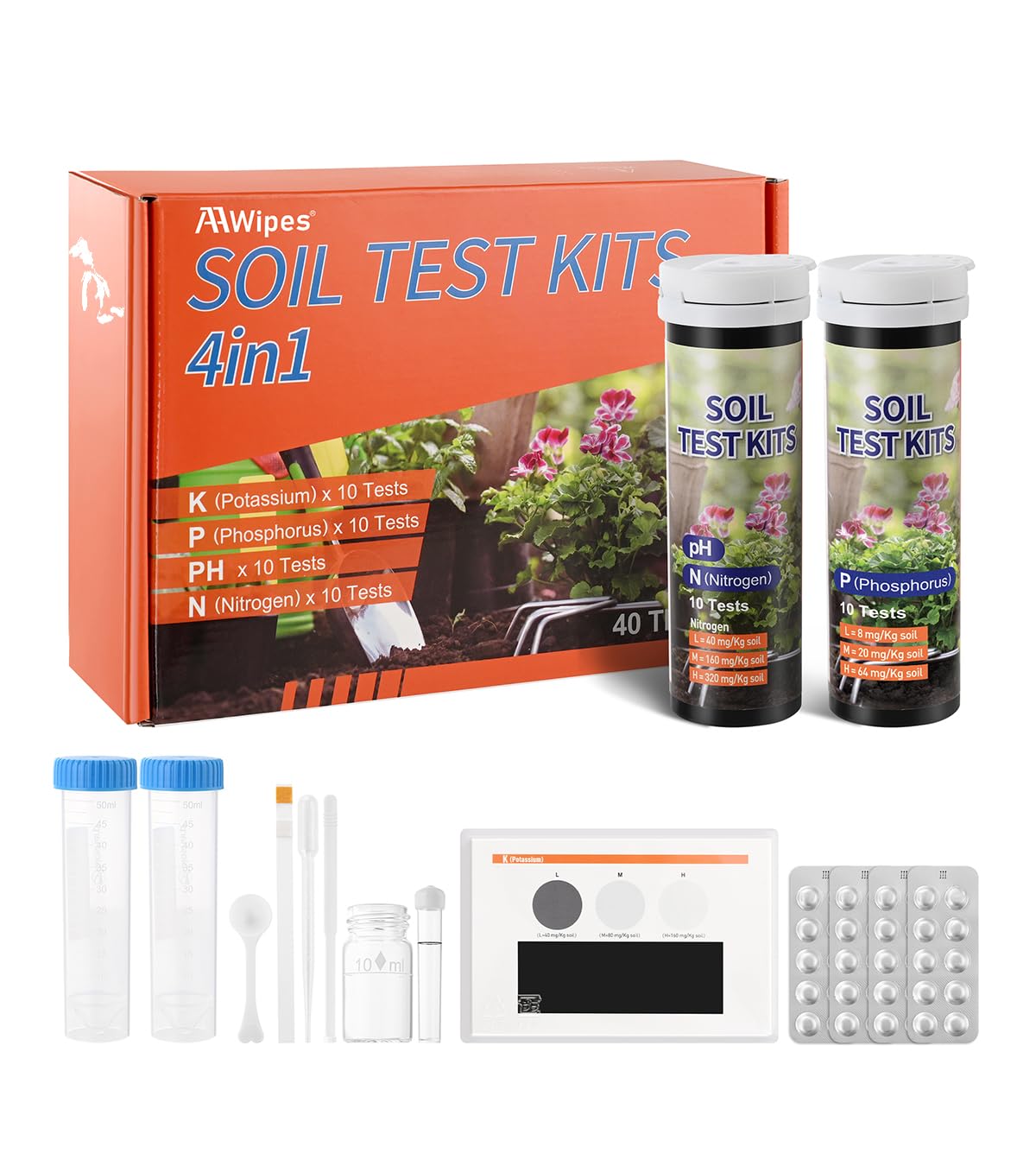AAwipes Soil Test Kit 4-in-1 for pH, Nitrogen, Phosphorus & Potassium - 40 Soil Testing Kits Upgraded Accurate Nutrient Tester for Garden, Yard, Lawn & Plant Care with Sampling Accessories (J04-40)