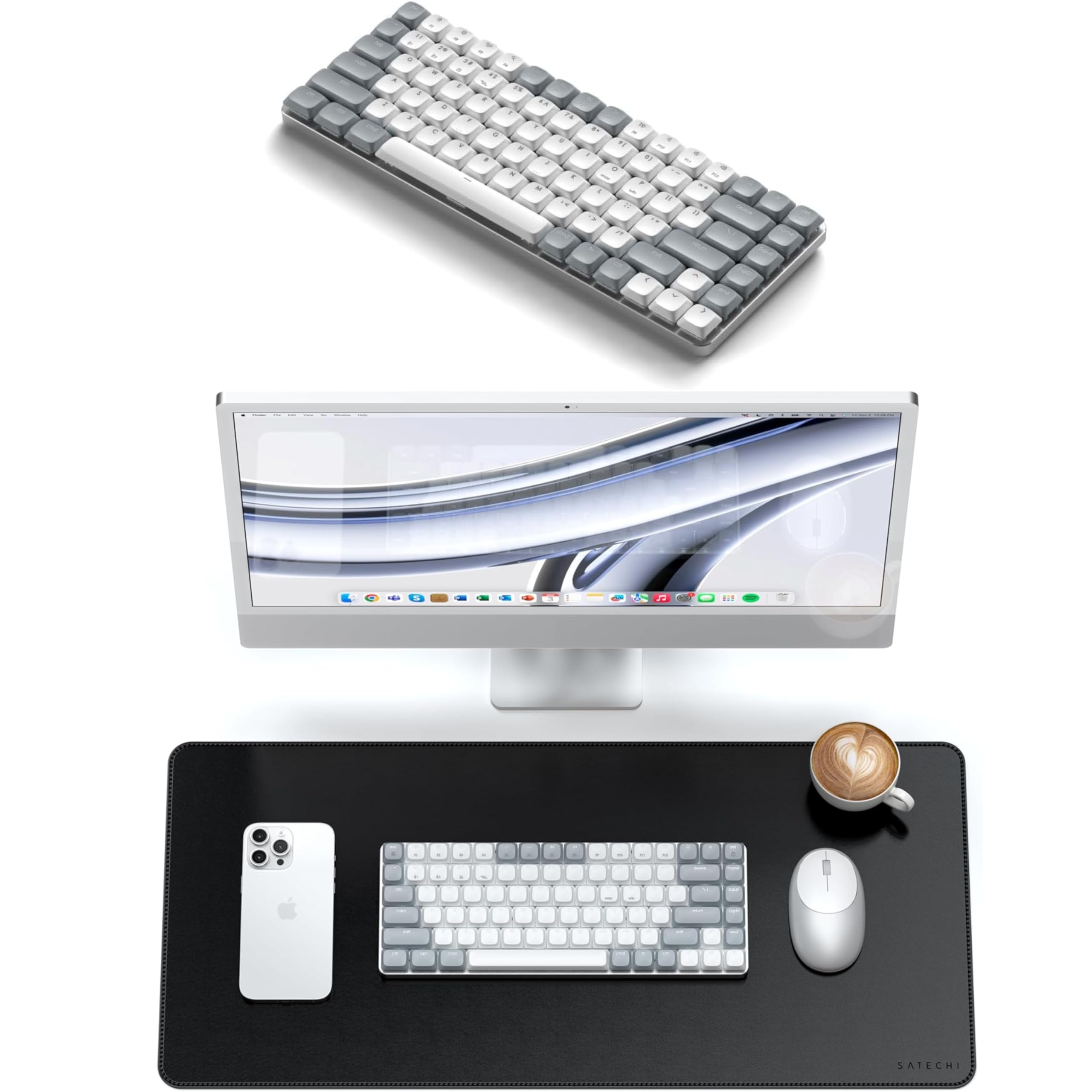 SATECHI Bundle Tappetino Mouse XXL 68x32 cm in PU Nero + SM1 Tastiera Meccanica Bluetooth 75% 84 Tasti Retroilluminata Wireless QWERTY US per Mac e Windows