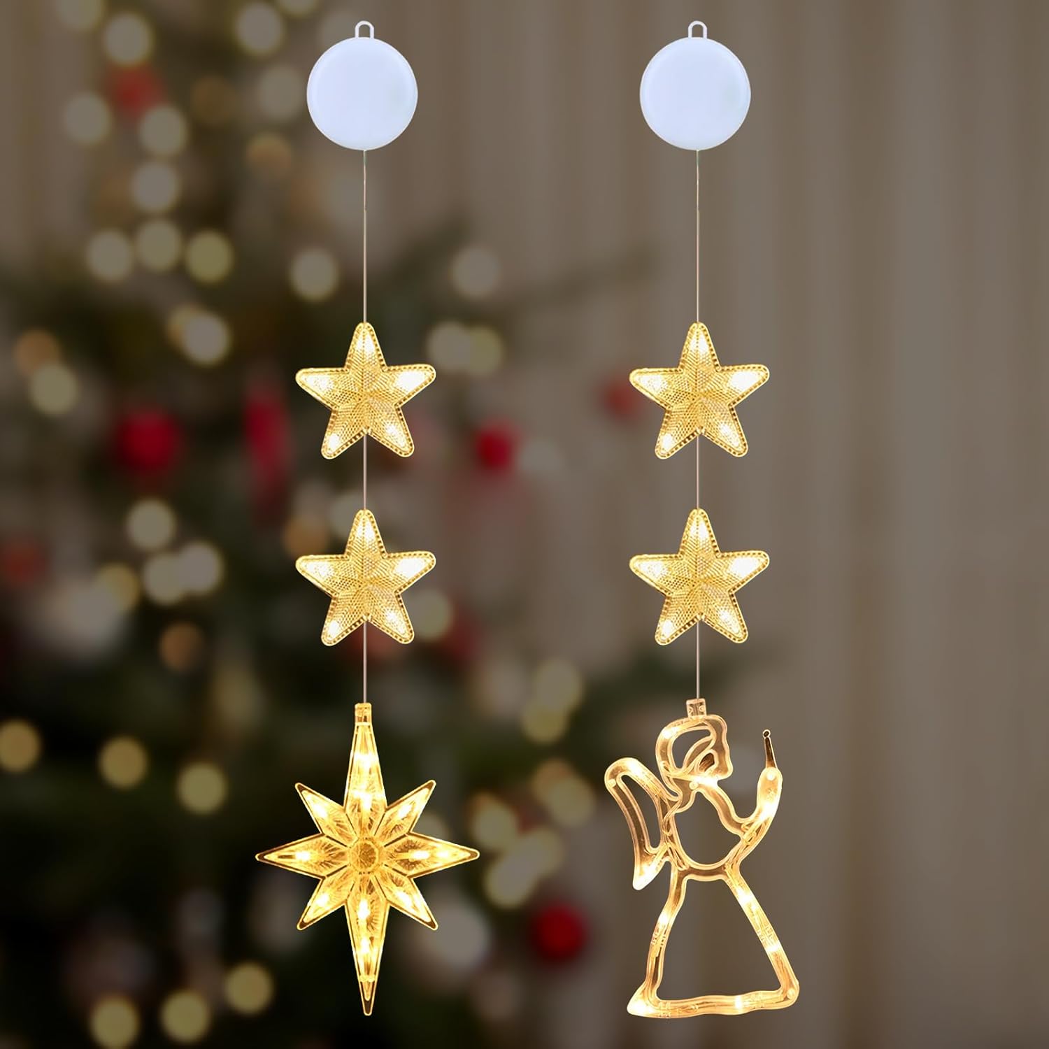 2 Pcs Hanging Christmas Lights Indoor, Christmas Window Lights Battery