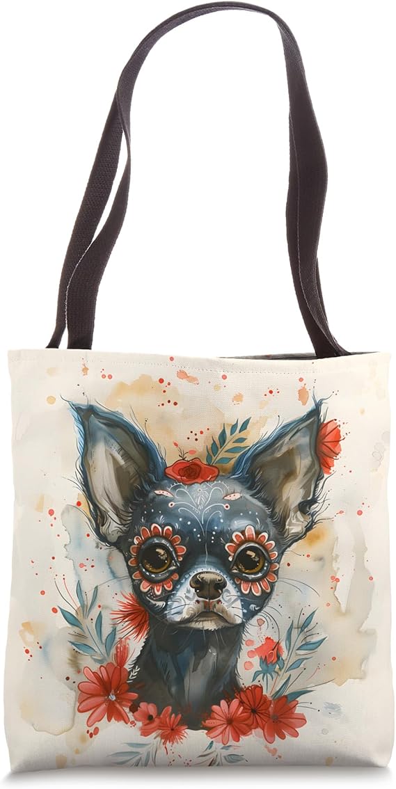 Chihuahua Sugar Skull Flowers Day of the Dead Watercolor Tote Bag