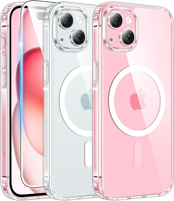 FNTCASE pour iPhone 15 Case Clear: boîtiers de téléphone magnétique avec protecteur d'écran compatible avec Magsafe Slim Anti Jaune Protection de cellules transparente (A-Clear)
