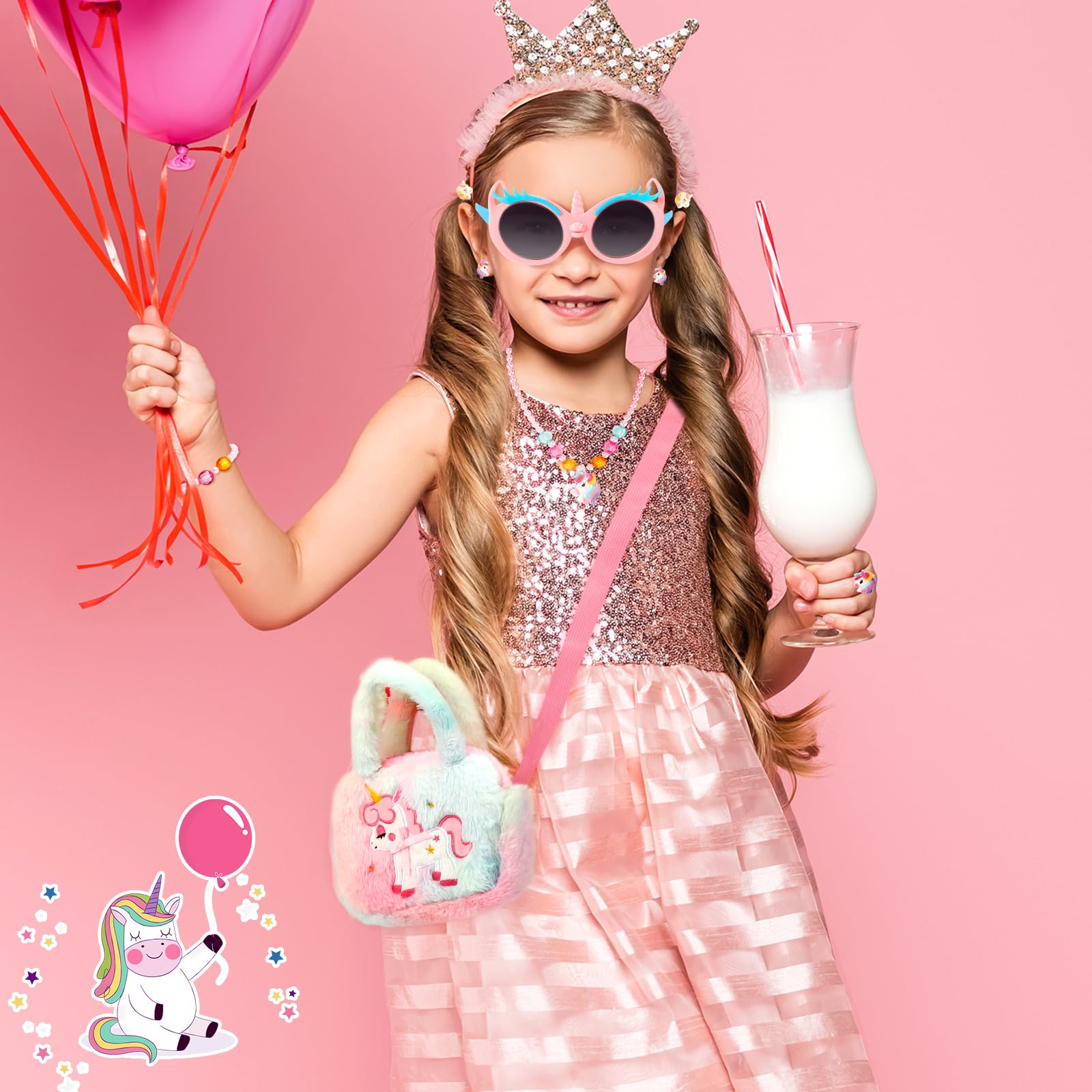 Set Gioielli Unicorno Per Bambine - Collana, Bracciale, Anello, Borsa Peluche, Regalo Compleanno Festa