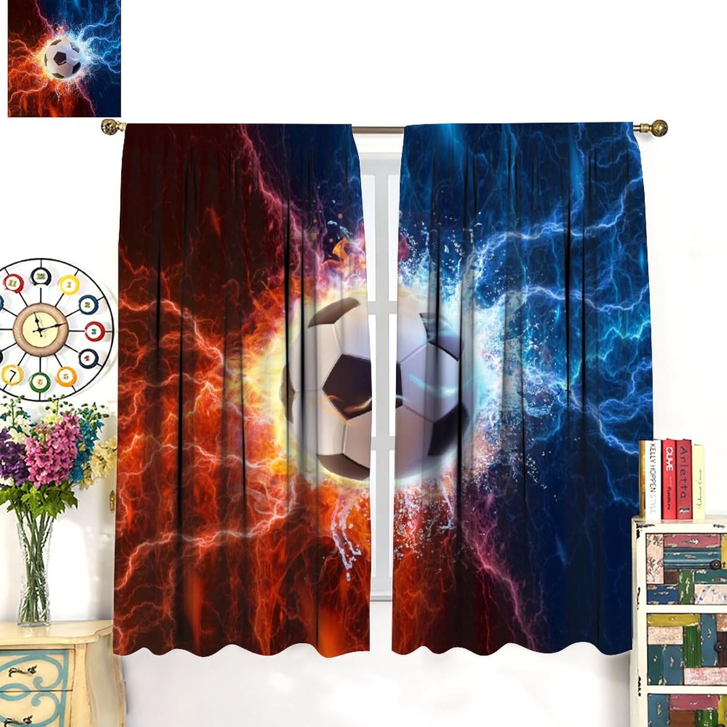 Sport Cool Soccer Curtains for Living Room, Football Theme Red Blue Lightning Rod Pocket Thermal Insulated,Window Drapes 2 Panels 63" L x 36" W