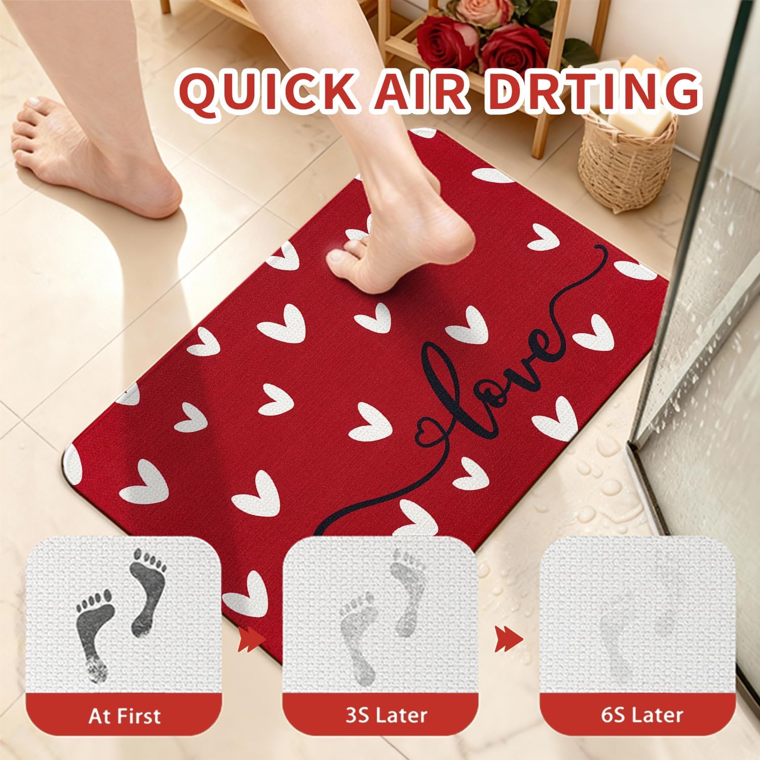 Valentine's Day Bath Mats for Bathroom 17x27 Inch Non-Slip Washable Valentines Love Heart Bathroom Rugs Super Absorbent Valentine Anniversary Wedding Home Decor Rug