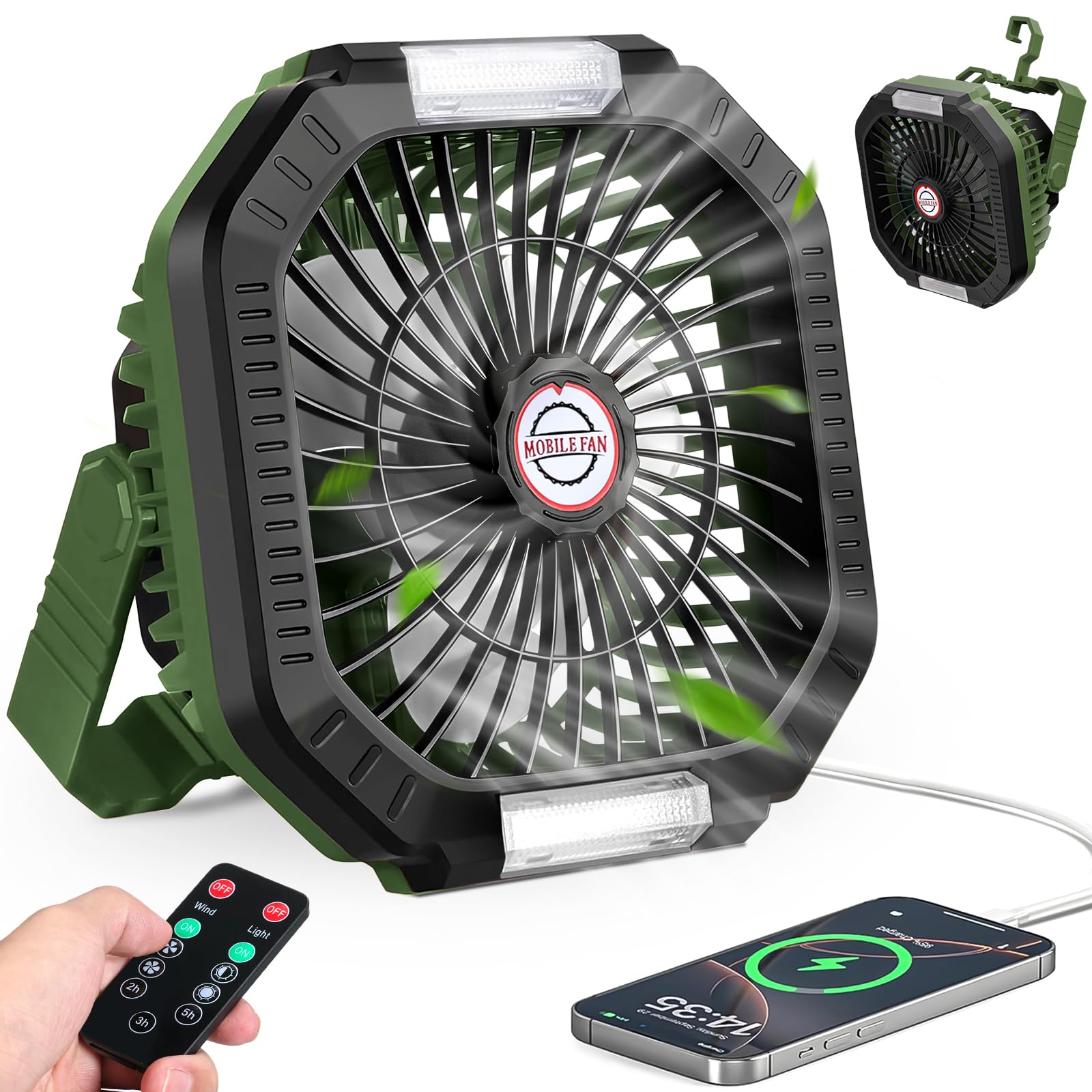 Ventilatore da Campeggio 7800mAh Portatile Ricaricabile con Luce LED 4 Velocità Telecomando