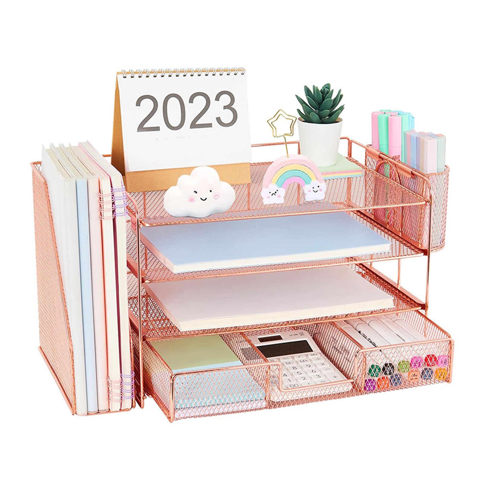 Organisateur de bureau 4 niveaux avec tiroir et 2 porte-stylos