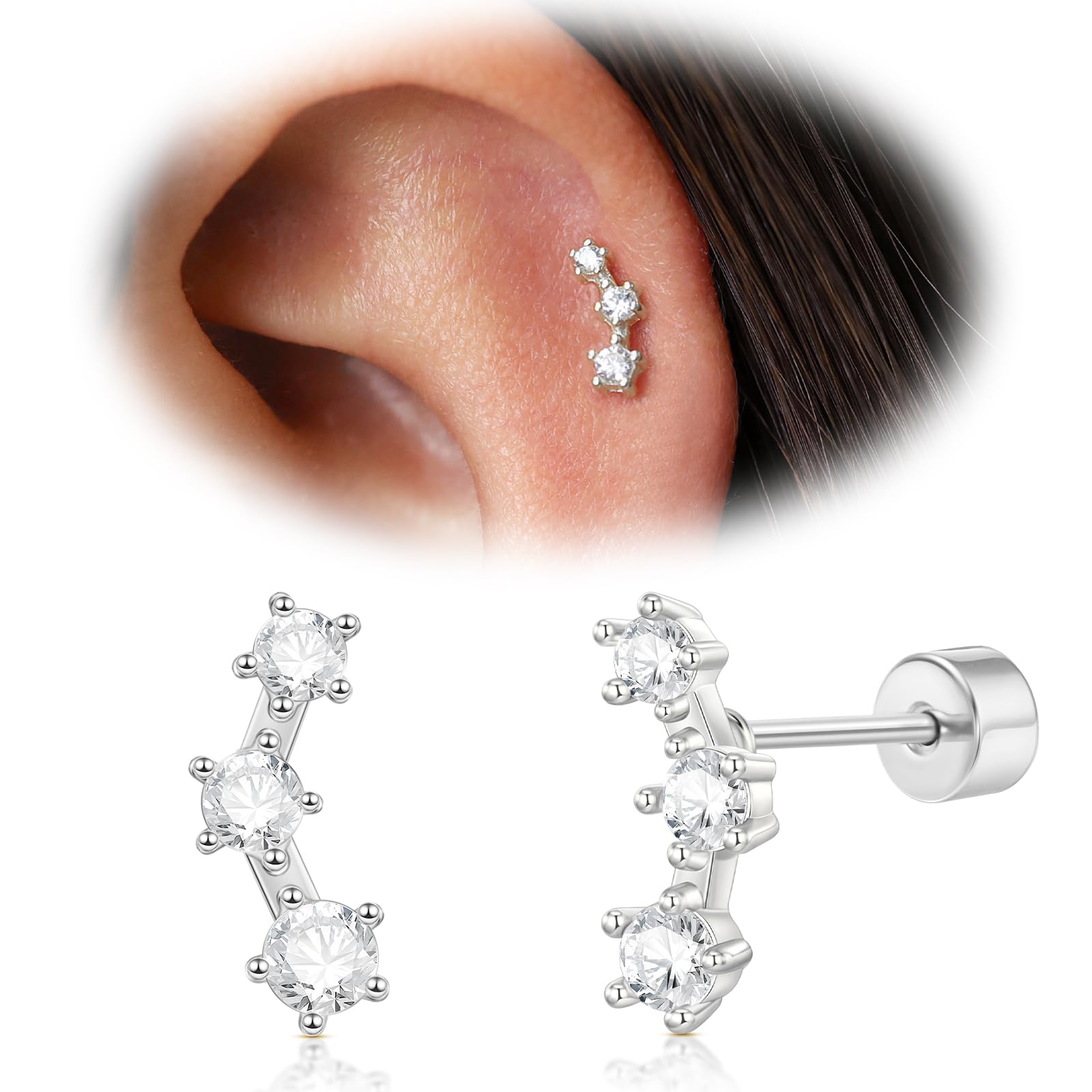 Cartilage Screw Back Earrings for Women, Flat Back Earrings Sterling Silver Hypoallergenic Earrings for Girls Conch Helix Piercing Jewelry Crawler Butterfly Flower Stud Earrings