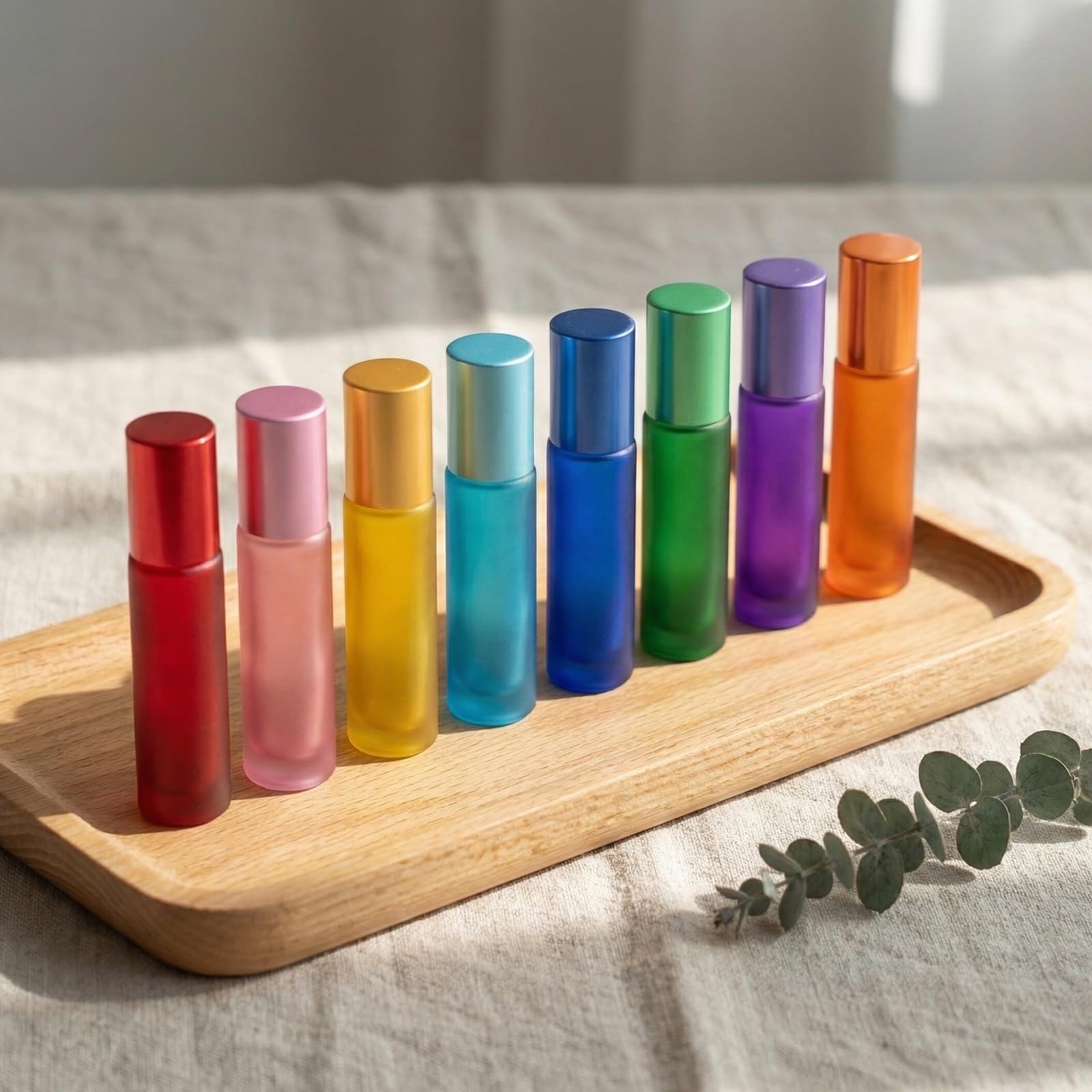 Roll on Glasflaschen, 10ml Flasche Leer Glas Bunt, 8 Stück Rollon Flaschen für Ätherische Öle mit Edelstahl Roller Ball, Nachfüllbare für ätherische Öle, Parfüms, Aromatherap Gemische, Lipgloss Kosmetik