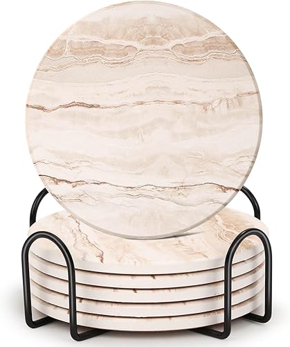 Vista 15 de Acejoz Posavasos con soporte, juego de 6, diseño de terrazo, cerámica, redondo, 4 pulgadas Patrón de terrazo