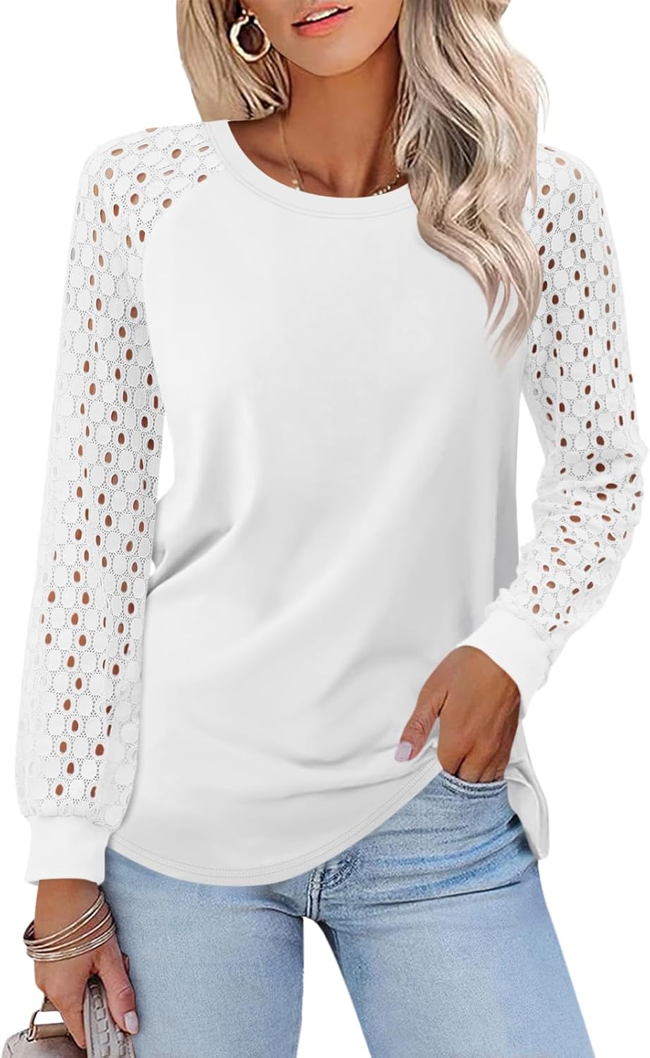 Minetom Womens Lace Tops Long Sleeve Shirts Casual Dressy Blouses Trendy Fall Fashion Outfits Clothes