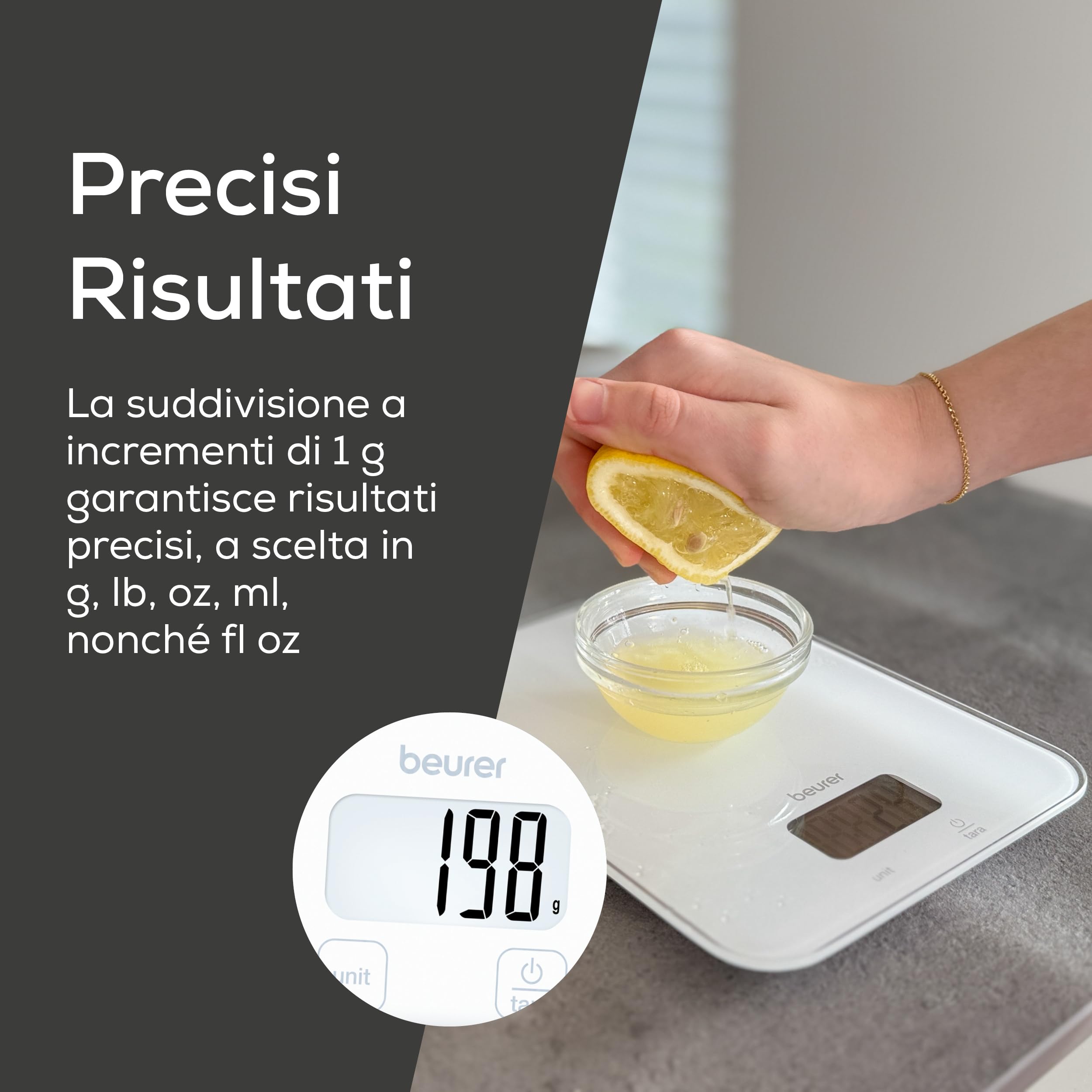 Beurer KS 19 Pure White bilancia da cucina digitale, capacità fino a 5 kg (suddivisione precisa al grammo), bilancia domestica con sensore touch, bilancia per alimenti incl. batterie, bianco