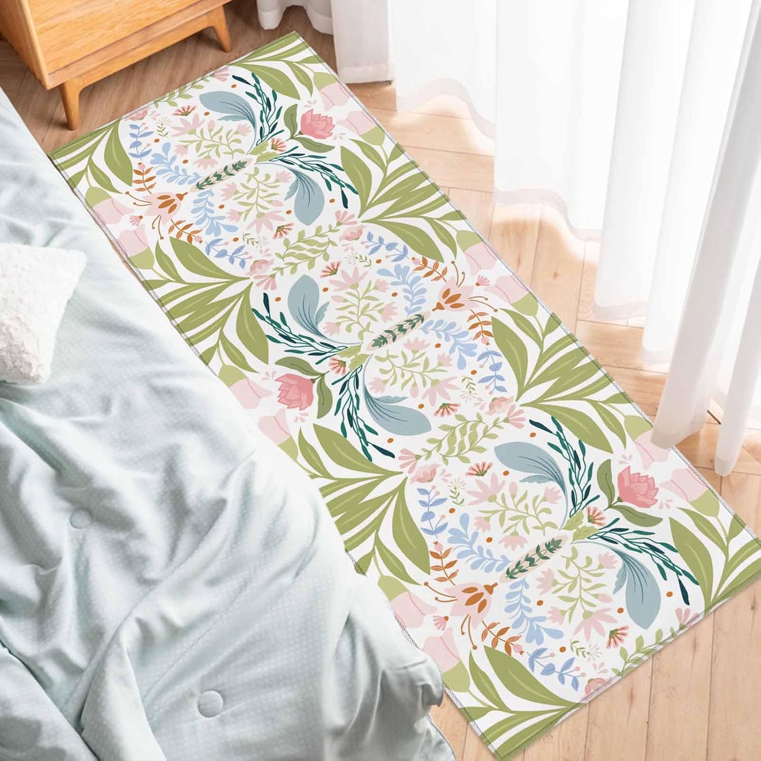 2 Pieces Kitchen Rugs and Mats,Retro Watercolor Flower Leaf Area Runner Rug Set Non Slip Floor Doormat Washable Carpet Standing Mat for Kitchen Sink Indoor Corridor,Boho Floral Botanical Theme