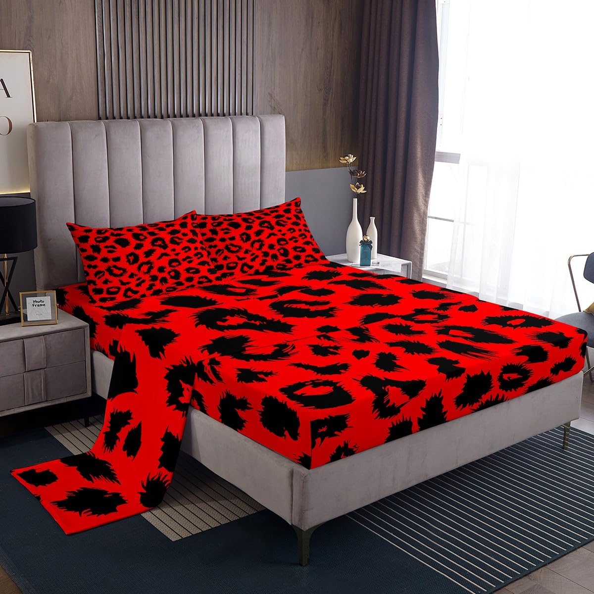 Cheetah Print Bed Sheets Queen,Red Black Leopard Bedding Sheets For Girls Boys Women Teens Bedroom,African Safari Animal Print Bed Sheet Set Retro Wildlife Fitted Sheet + Flat Sheet + 2 Pillow Cases