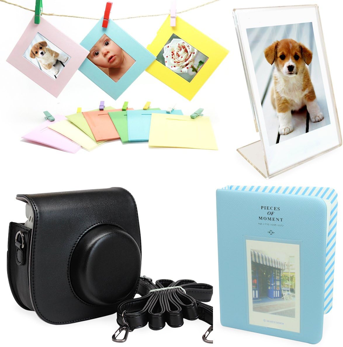 Fujifilm Instax Mini 8 Instant Camera Accessories Bundle [Includes: Black Case, Shoulder Strap, Blue Photo Album, Clear Photo Stand for Instant Film Photos, Colorful Frames with Clips and Rustic Twine Rope for Hanging]