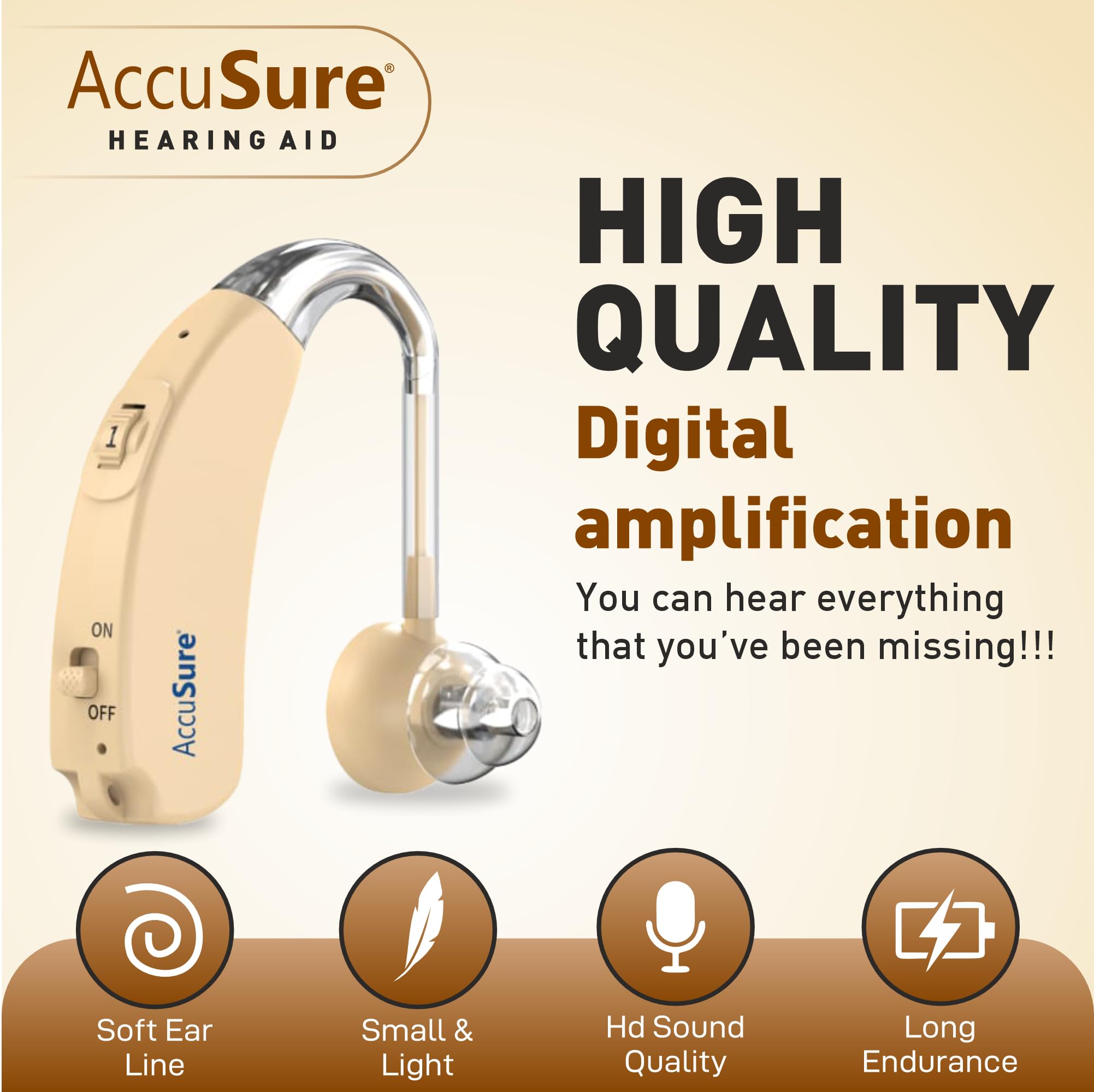 AccuSure Digital Hearing Aid Amplifier for Adults & Seniors – Rechargeable, Volume Control, Small & Lightweight Sound Enhancer (Beige) 1