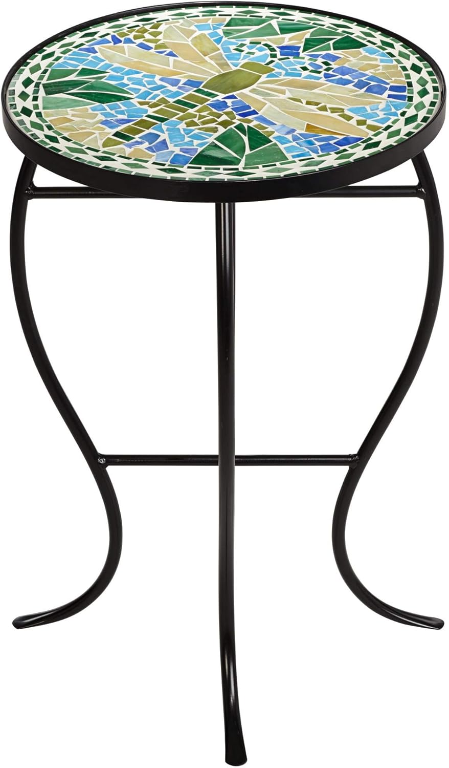 Teal Island Designs Dragonfly Modern Black Metal Round Outdoor Accent Side Table 14" Wide Blue Green Mosaic Tile Inlay Tabletop Gracefully Curved Legs for Spaces Porch Patio Home House Balcony Deck