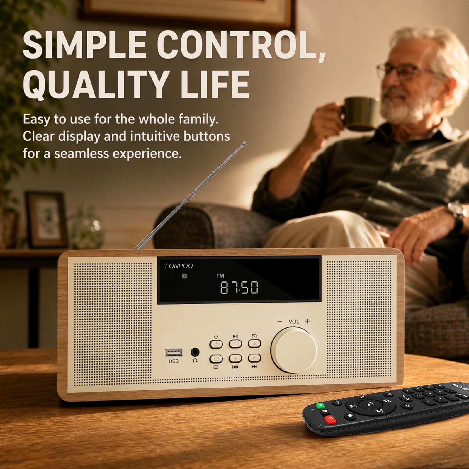 LONPOO Kompaktanlage 30W Retro-CD-Stereoanlage mit CD-Player | Bluetooth, UKW-Radio, AUX-Eingang, USB, Kopfhörerausgang, DSP-Technologie, klassisches Holzdesign, Fernbedienung (LP-818Y)
