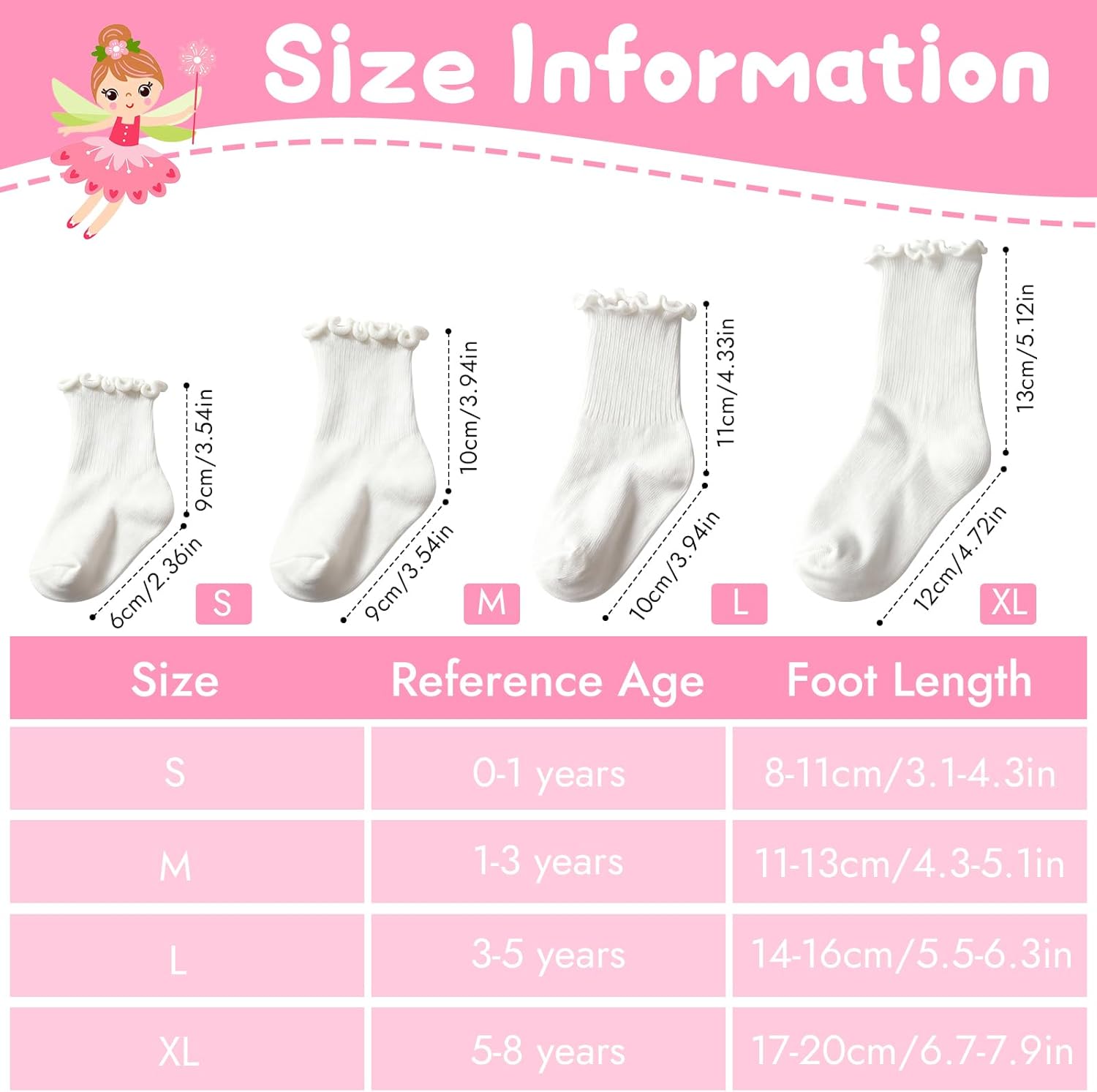 6 Pairs Toddler Ruffle Socks for Girls, Cotton Toddler Ruffle Socks, Ankle Socks, White Toddler Girl Sock - Image 4